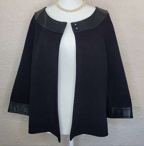 Dana Buchman Black Jacket with Real Leather Trim, 3/4 Sleeves, Size M
